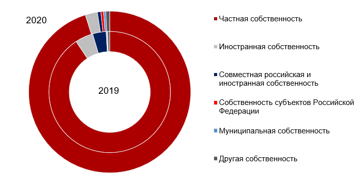 Автомобили в договорах финансового лизинга по форме собственности компании-лизингополучателя, %